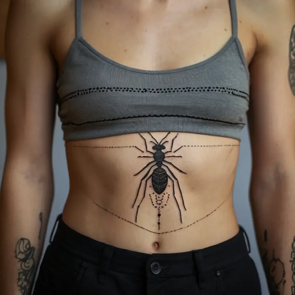 Tattoo of a large ant on the abdomen, featuring bold black lines, fine dots, and geometric patterns for a modern look.