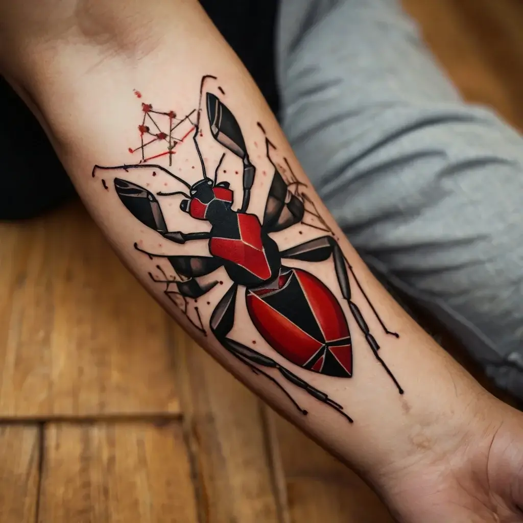 Geometric red and black beetle tattoo with constellation details, combining natural and cosmic themes.