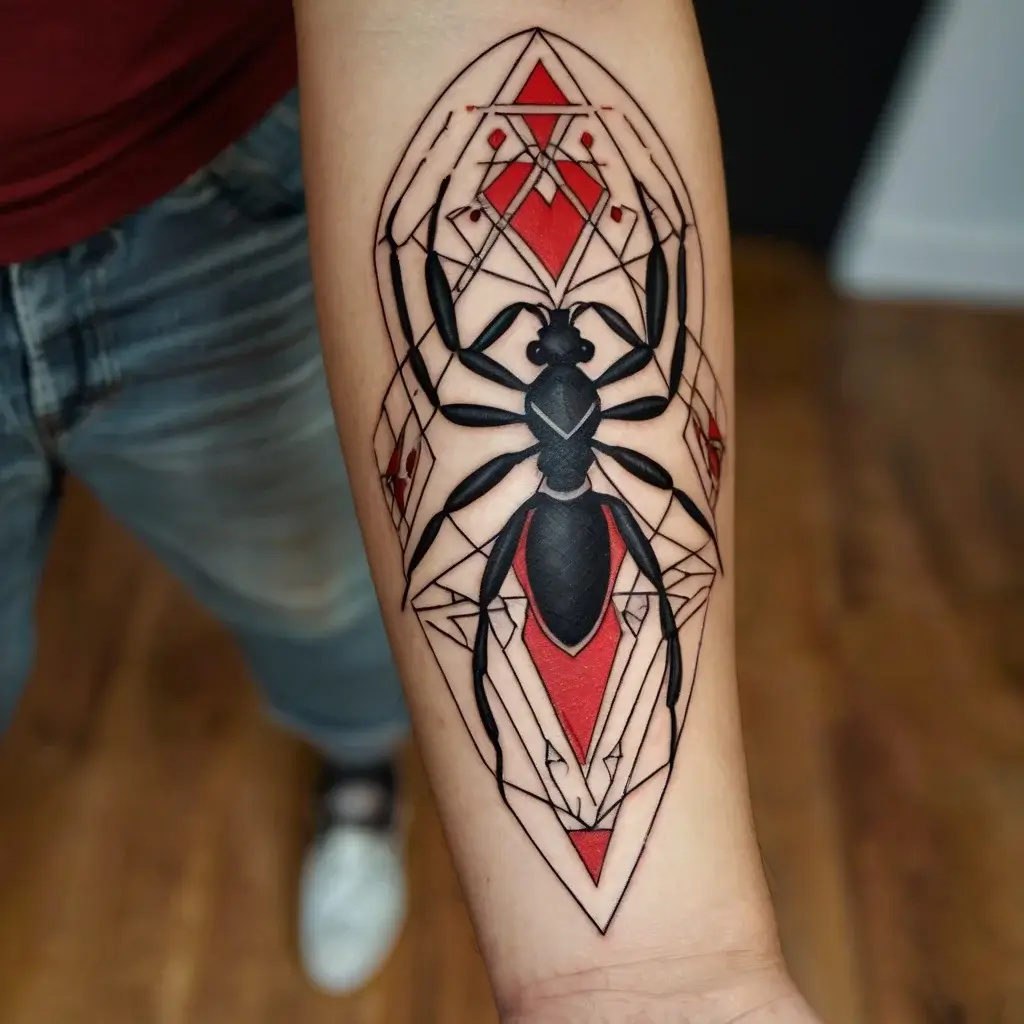 Geometric black and red spider tattoo with angular outlines and diamond shapes on forearm.