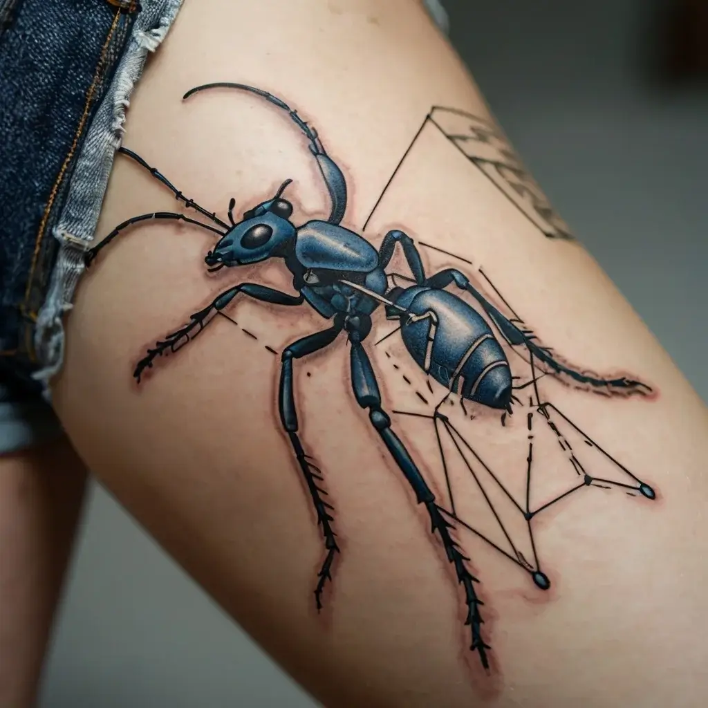 A geometric tattoo of a stylized blue ant, combining realism with abstract line designs on the upper thigh.