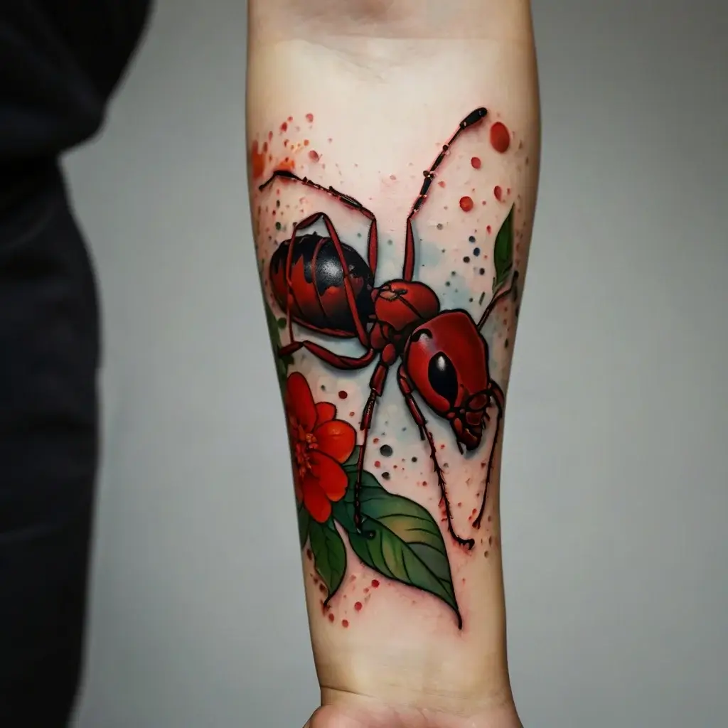 Tattoo of a realistic red ant on forearm, set against bright flowers and leaves with vibrant color dots.