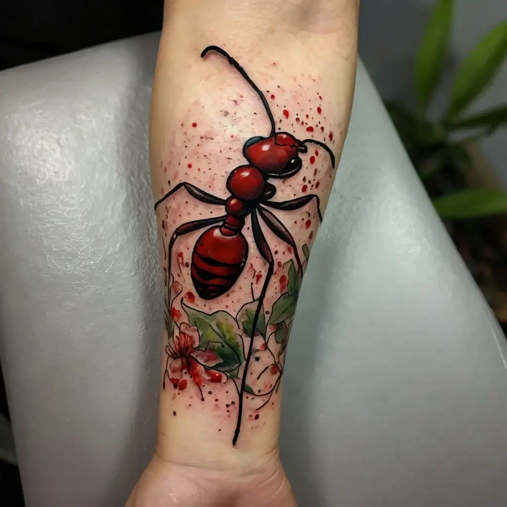 A vibrant red ant tattoo with realistic detailing, surrounded by splattered ink and colorful flowers on the forearm.