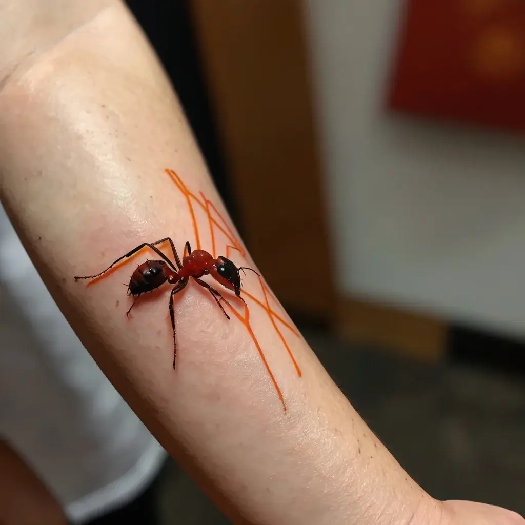 Realistic 3D tattoo of a red ant with vibrant orange streaks on the arm, creating a stunning and lifelike effect.