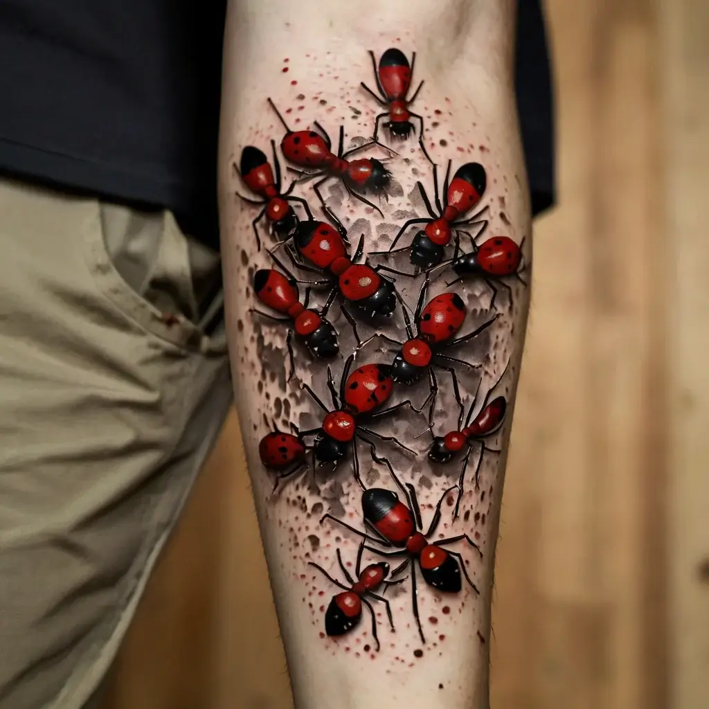 Tattoo of realistic red and black ants crawling on and appearing to emerge from realistic cracked skin on the arm.