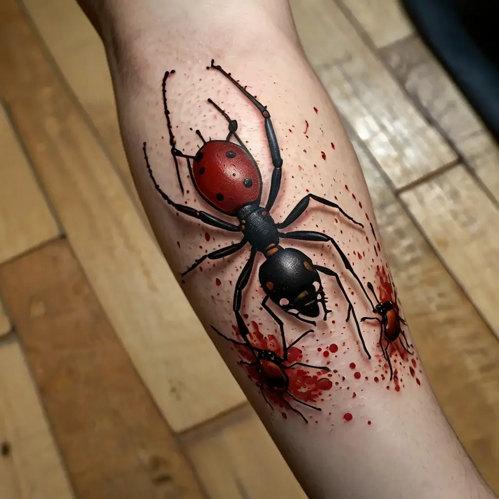 3D realistic tattoo of a red and black ant with splattered red ink, creating an intense lifelike effect on the skin.