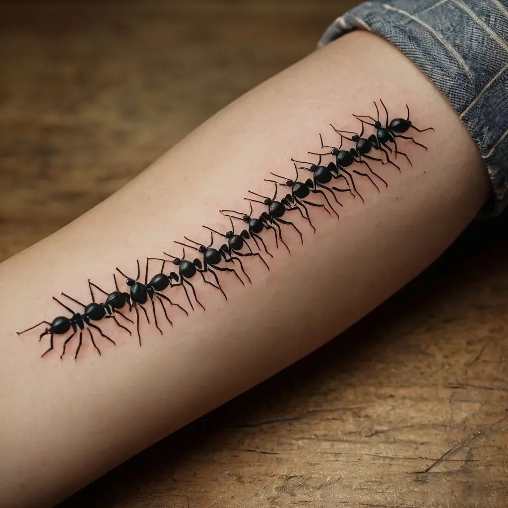 Realistic 3D tattoo of a line of ants marching along the arm, creating a striking visual effect with detailed shading.