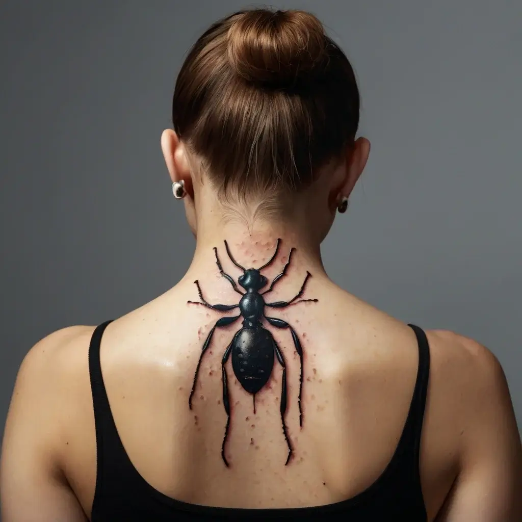 3D tattoo of a black ant on the upper back, featuring detailed shading and highlights for a realistic effect.