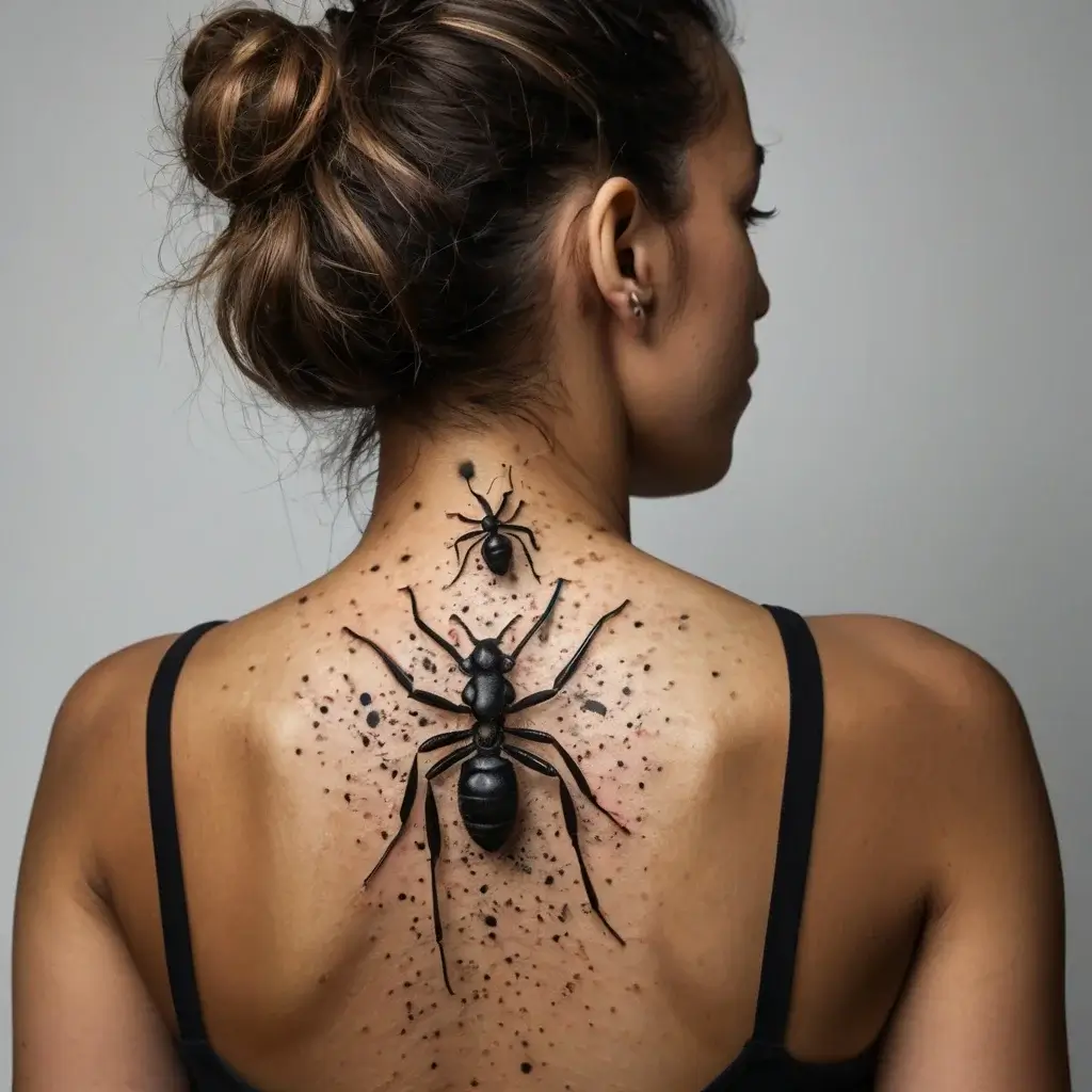 Realistic ant tattoos with splatter details on upper back, showcasing intricate shading and 3D effect.