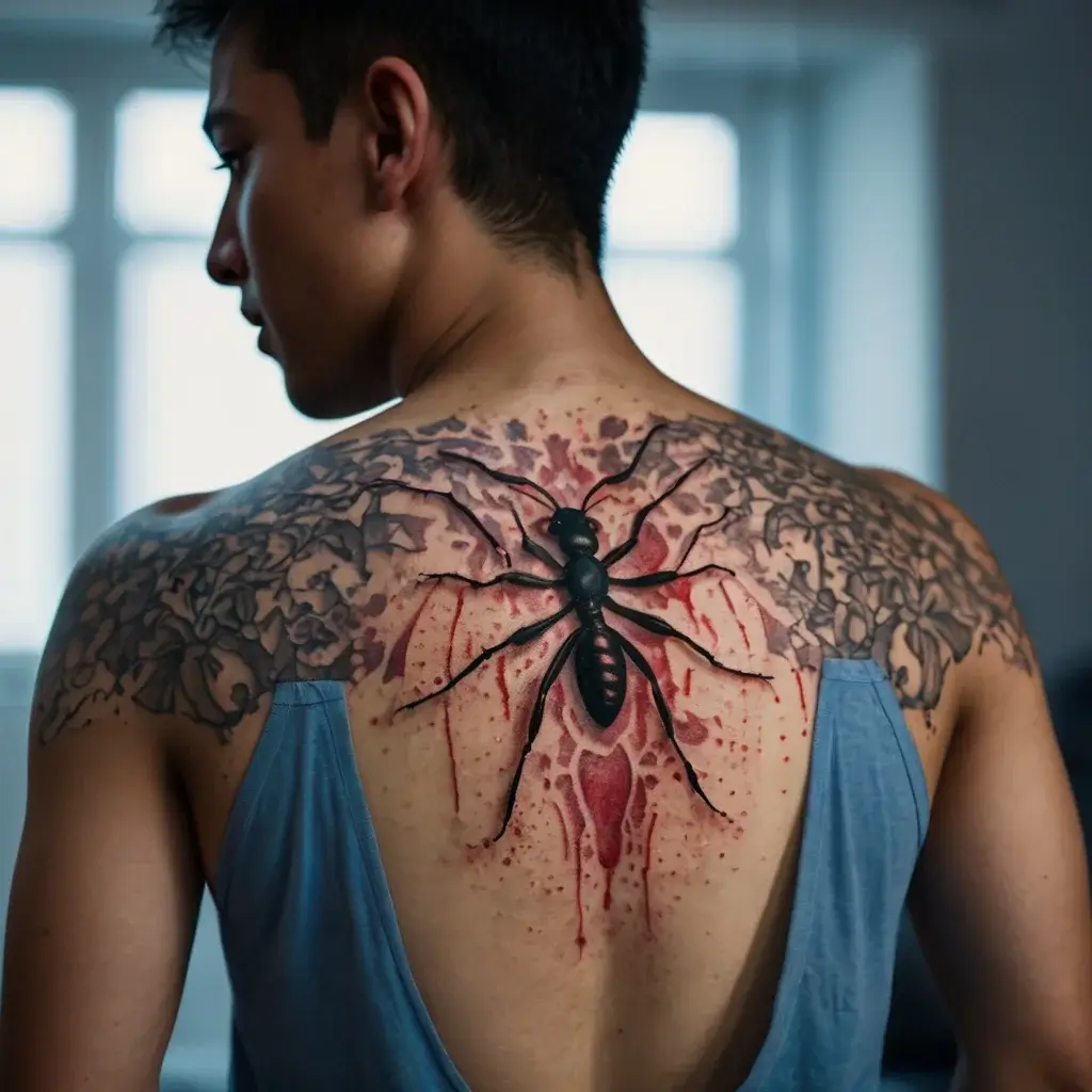 Black ant tattoo on upper back with vibrant red splatters, surrounded by intricate floral patterns on the shoulders.