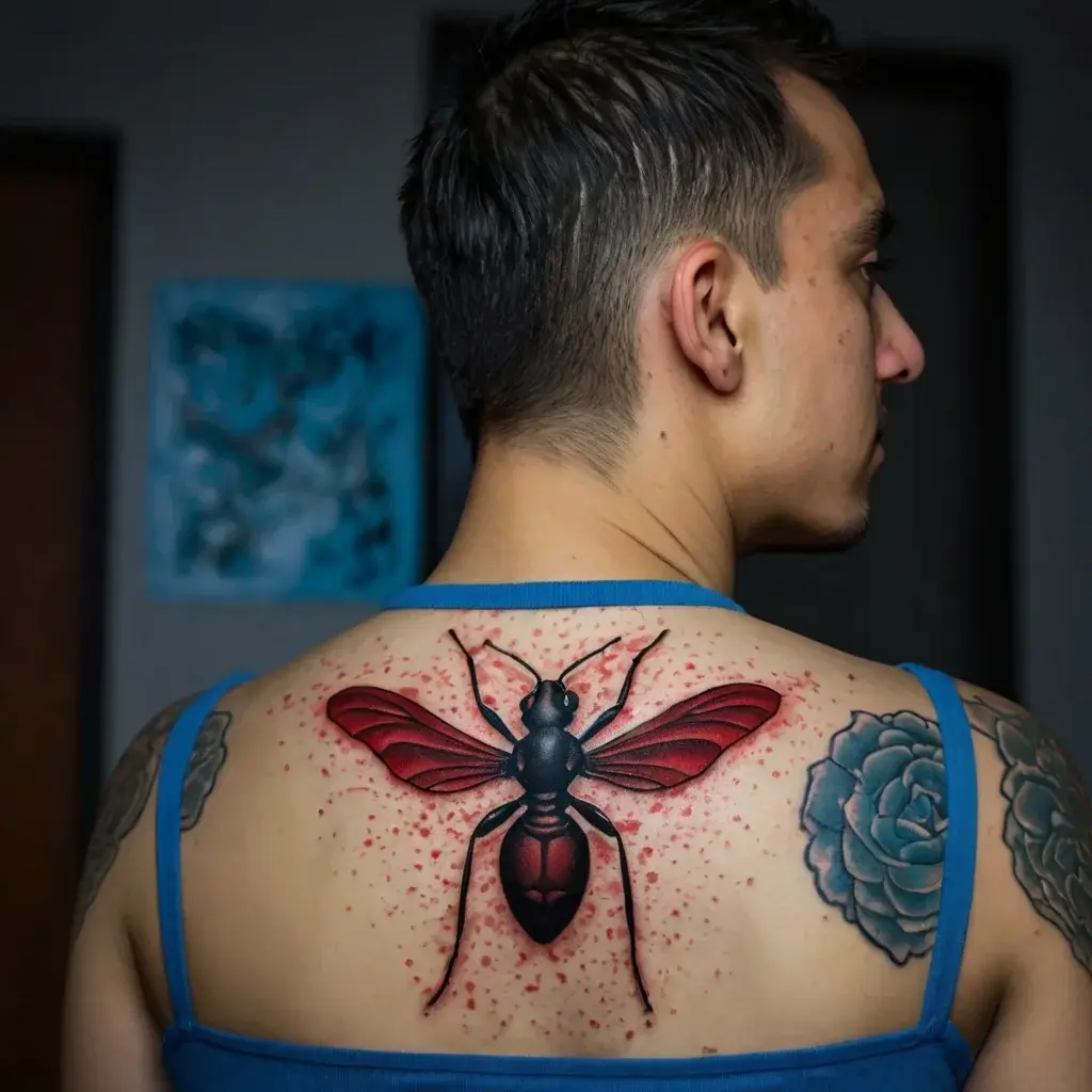 Tattoo of a black and red insect with detailed wings and vibrant shading, surrounded by red dot accents on the back.