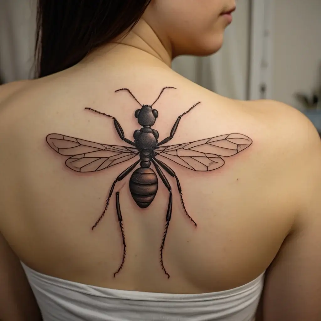 Tattoo of a detailed black ant on the upper back, showcasing intricate wings and realistic shading.