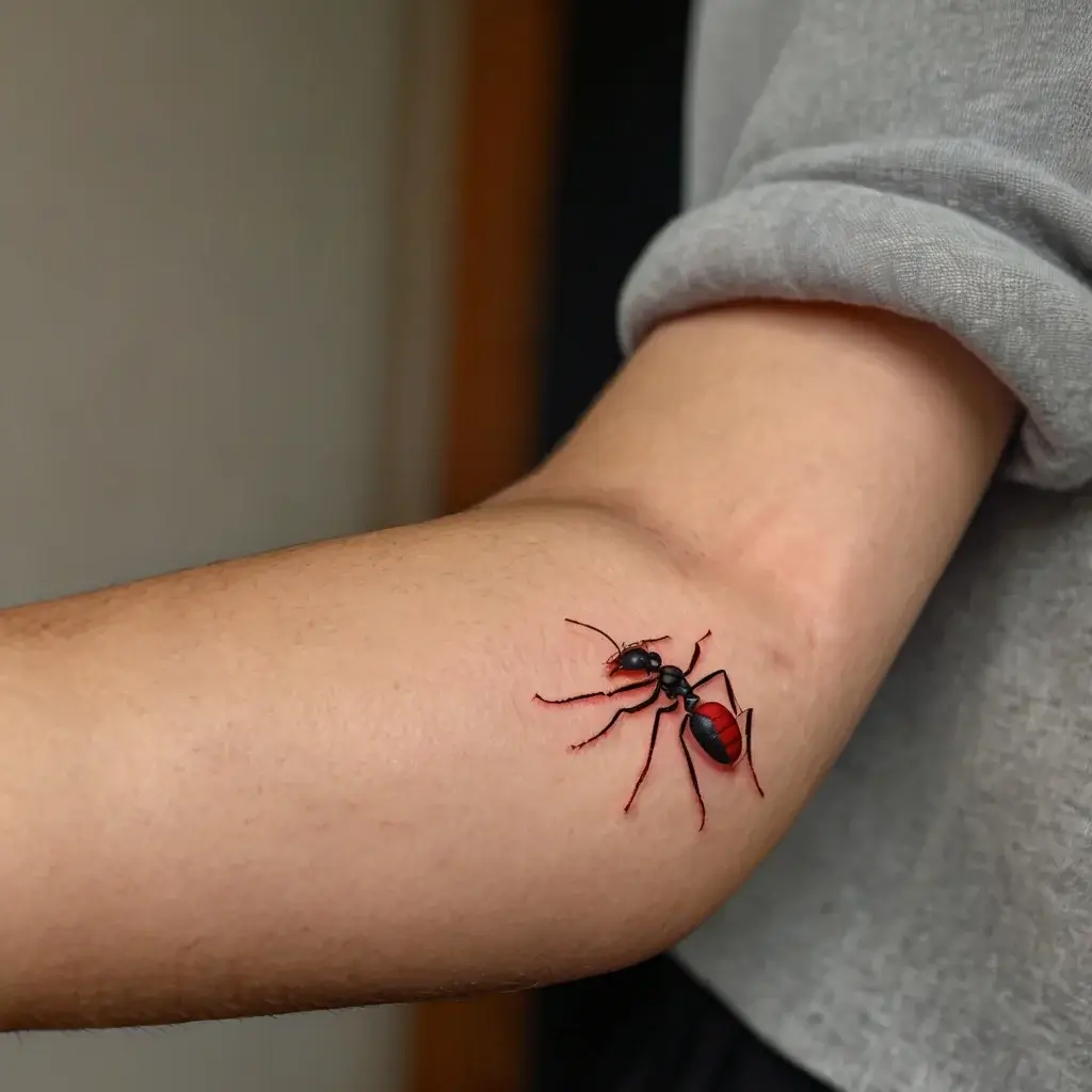 Realistic ant tattoo on the forearm in black and red ink, creating a vivid 3D effect for life-like appearance.