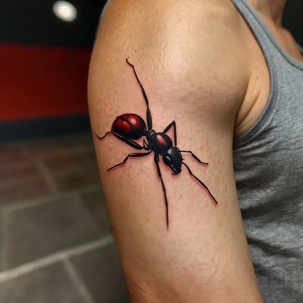 Realistic ant tattoo with a glossy red and black body, detailed legs, and 3D shading on the upper arm.