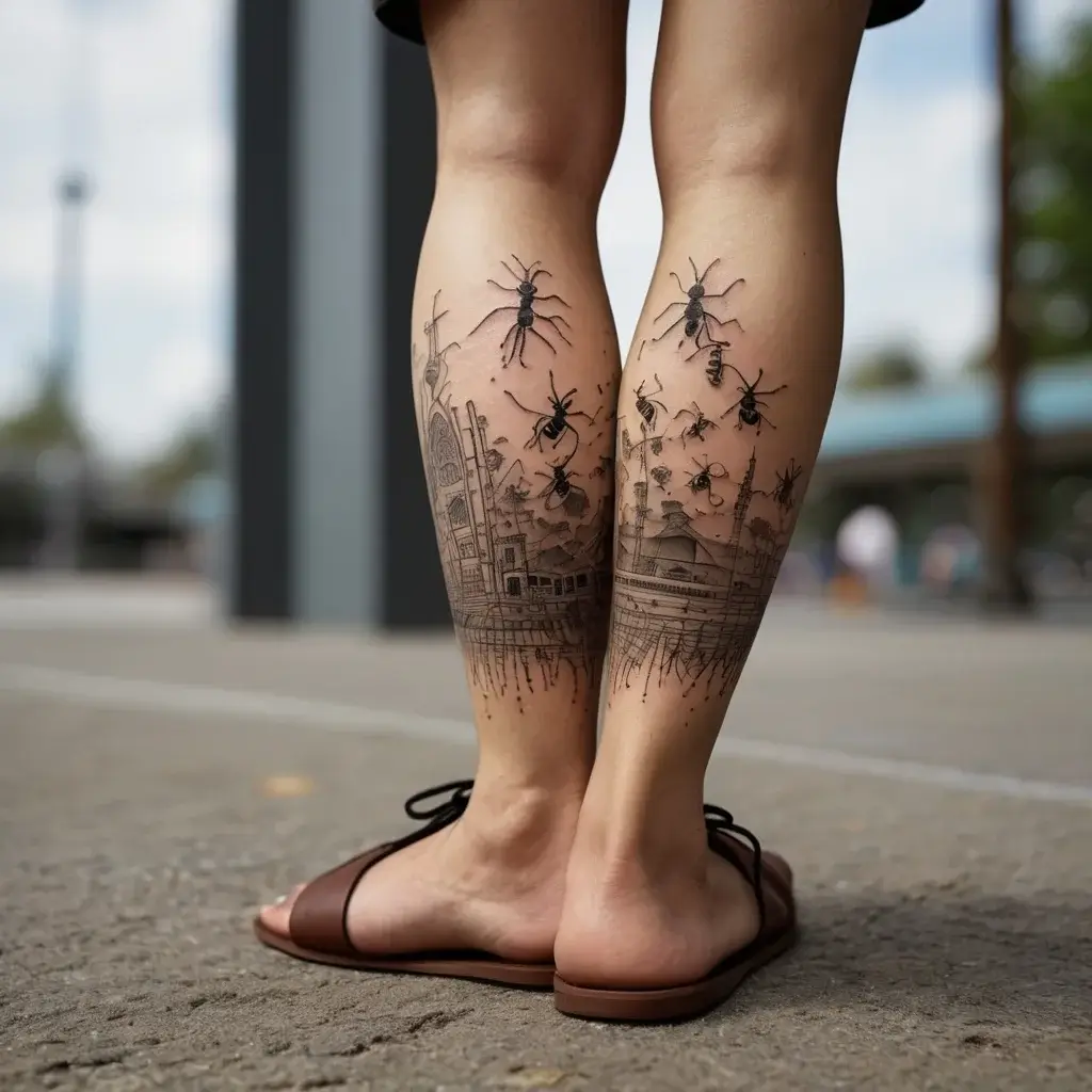 Tattoo of ants marching above an intricately detailed cityscape on the calves, reflecting a blend of nature and urban life.