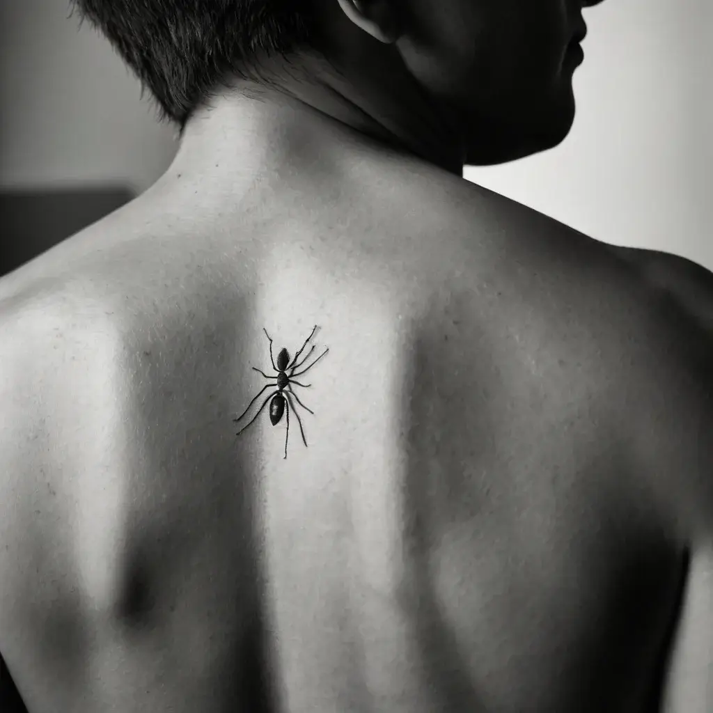 A detailed black ink ant tattoo on the upper back, symbolizing strength and teamwork.