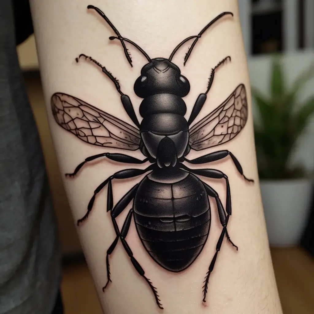 Realistic black ant tattoo, detailed with intricate shading and fine lines, creating striking depth and texture.