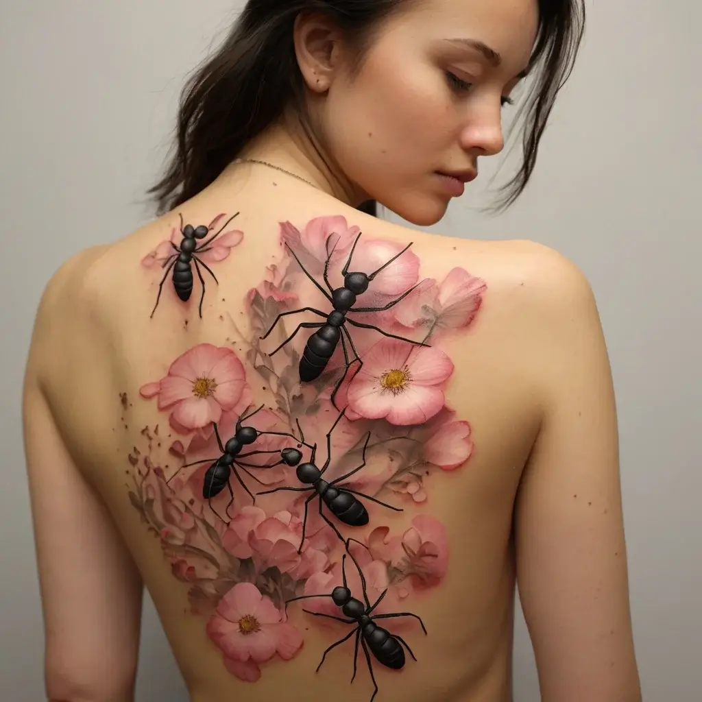 Tattoo of realistic black ants on pink cherry blossoms, creating a striking contrast on the back.