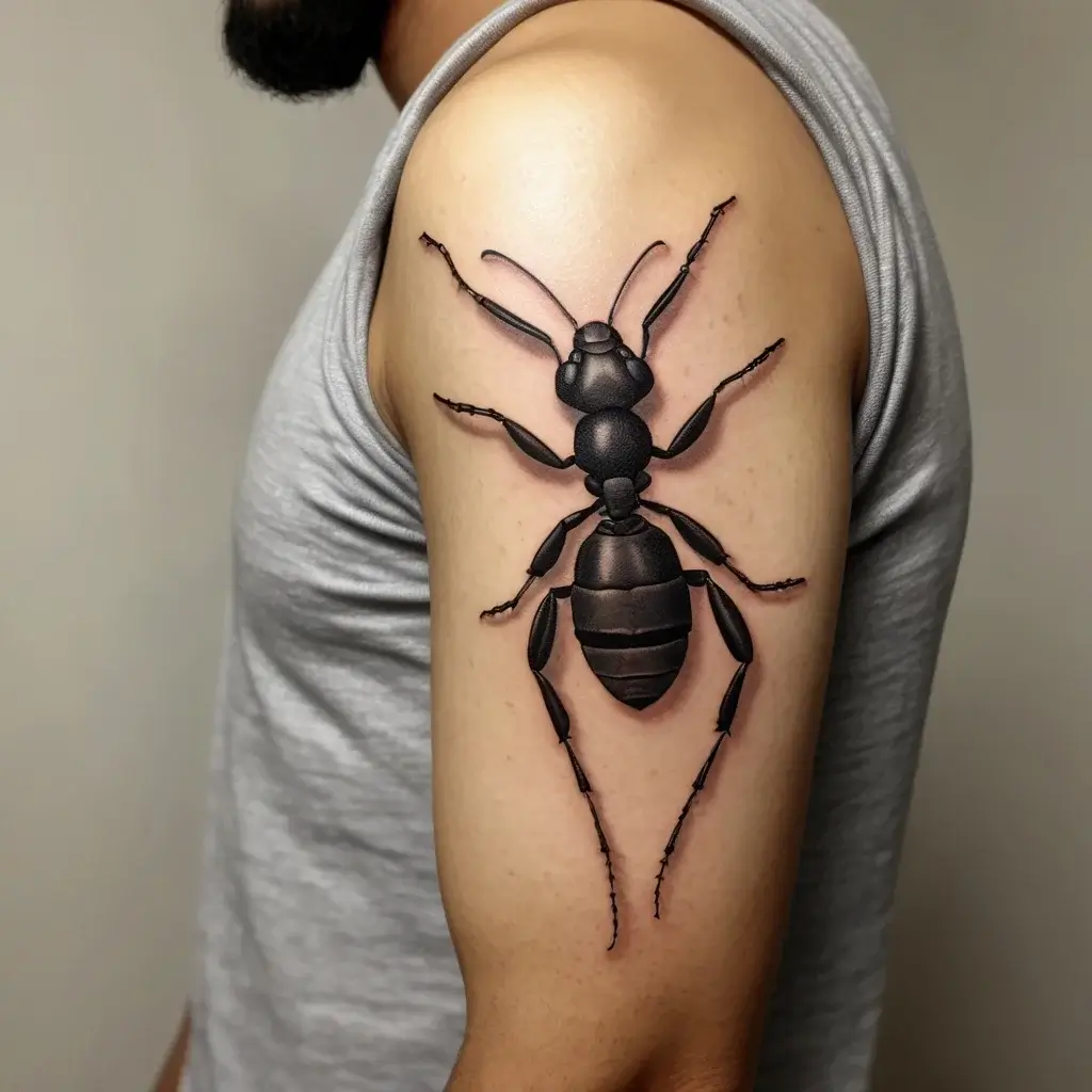 Realistic 3D ant tattoo on upper arm, showcasing detailed shading and lifelike design, giving an illusion of the ant crawling.