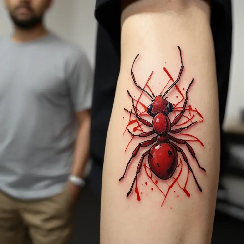 A realistic red ant tattoo on the arm, featuring bold detailing and abstract red splashes for dynamic effect.