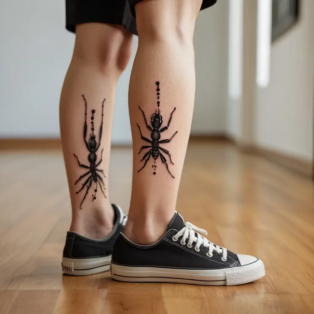 Black ant tattoo on calf, detailed with segmented body and trailing dots, symbolizing strength and teamwork.