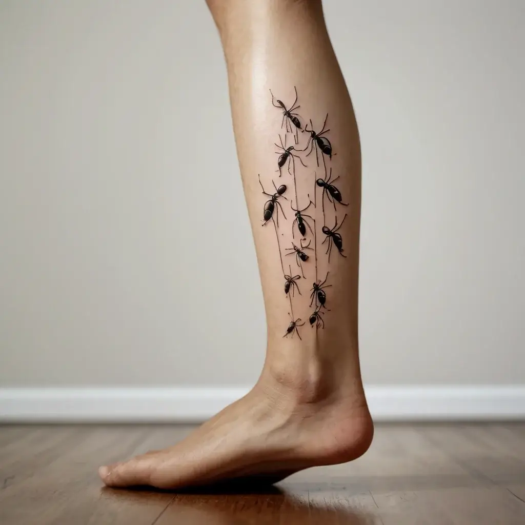 Tattoo of realistic ants marching up the calf, inked in black, creating a detailed and dynamic pattern on the skin.