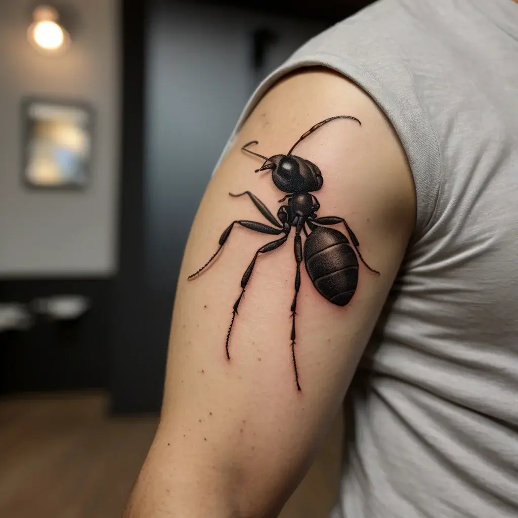 Realistic black ant tattoo on upper arm, showcasing detailed shading and lifelike anatomy with precise linework.