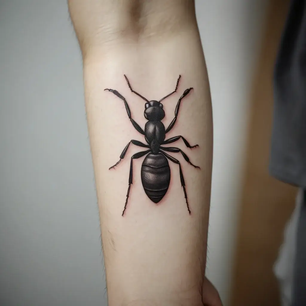 Realistic black ant tattoo on forearm, detailed with intricate shading and highlight for a lifelike 3D effect.