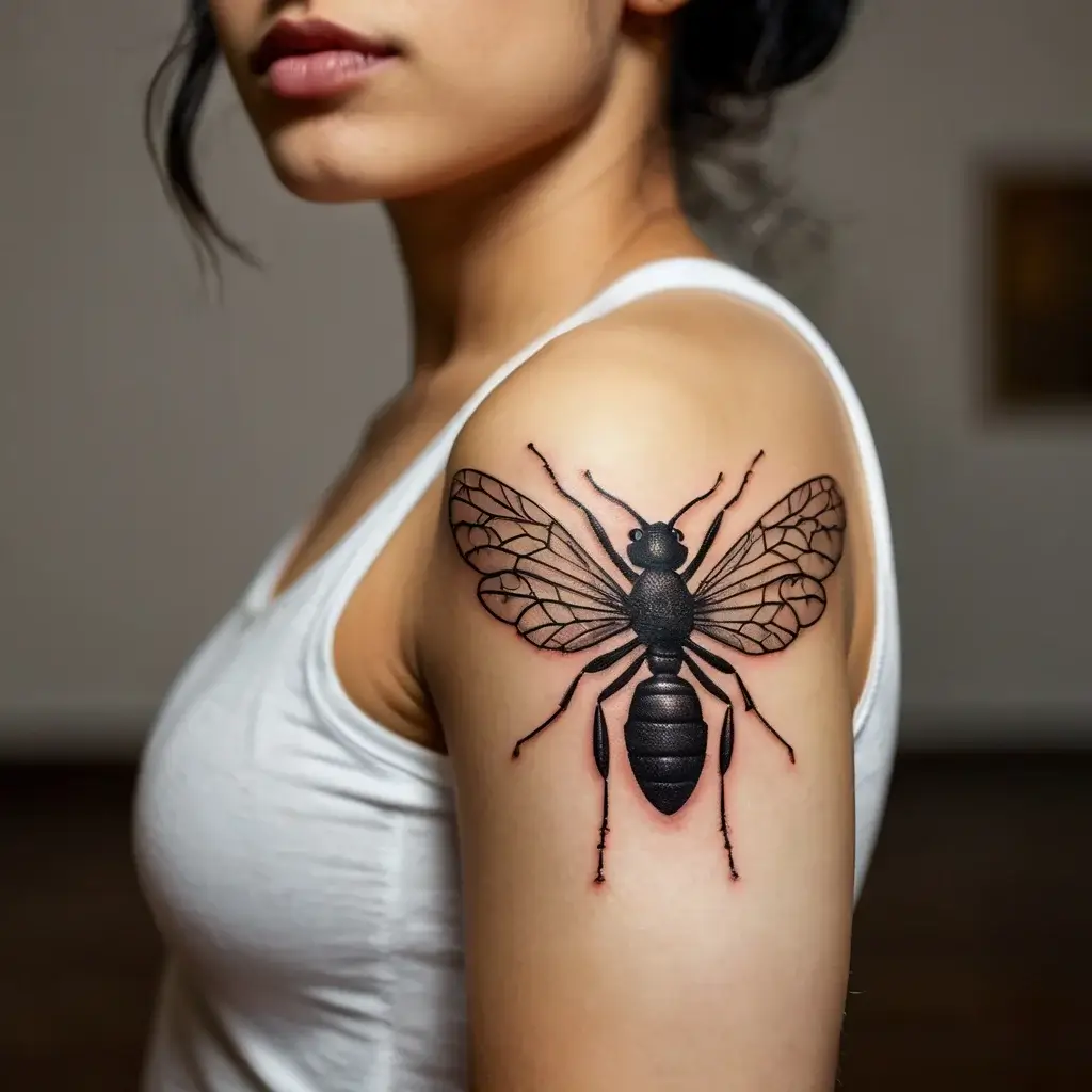 Detailed black ink bee tattoo with intricate wing patterns on woman's upper arm. Bold, realistic style.