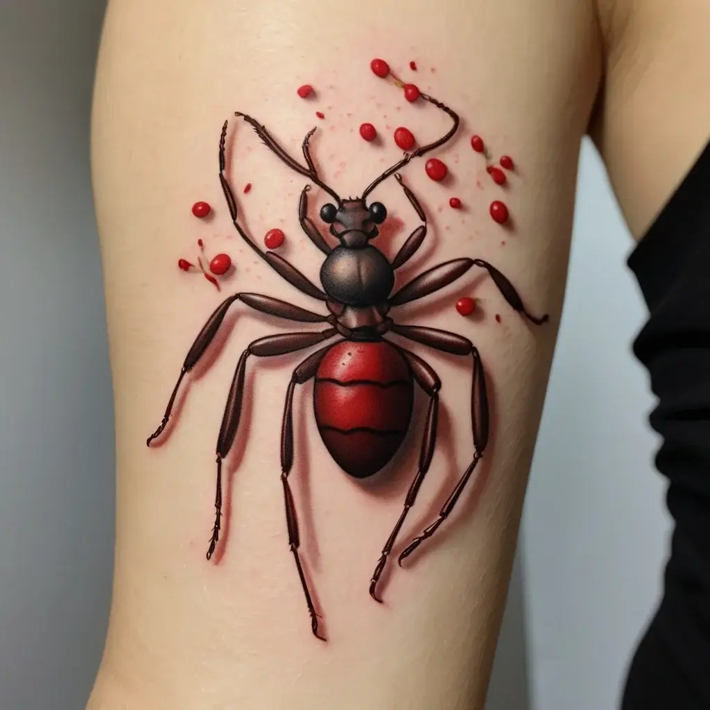 Realistic 3D red and black ant tattoo on arm with vivid shading and dot details creating a lifelike depth effect.