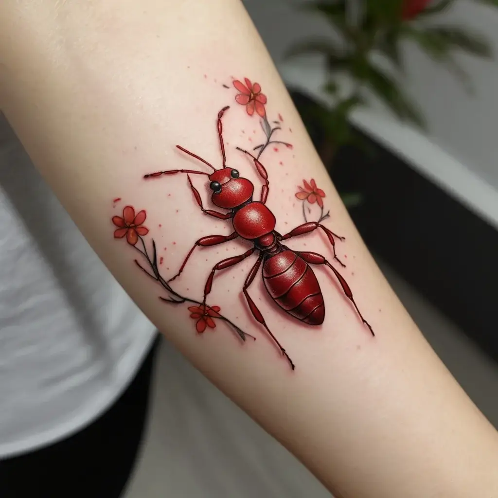 Realistic red ant tattoo with black outlines, surrounded by small red flowers, symbolizing strength and community.