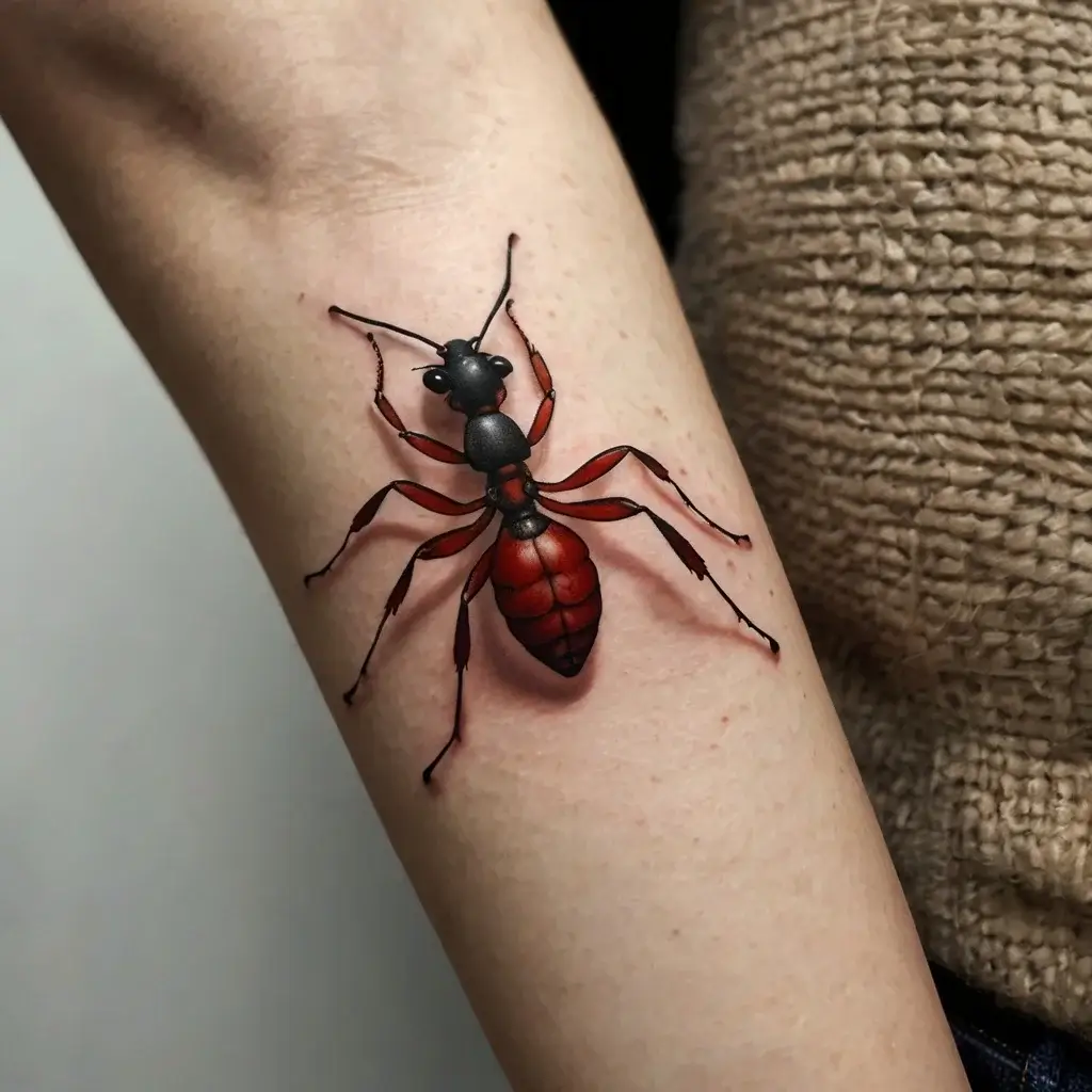 Realistic ant tattoo with a vibrant red and black body, detailed shading, and lifelike texture on the forearm.