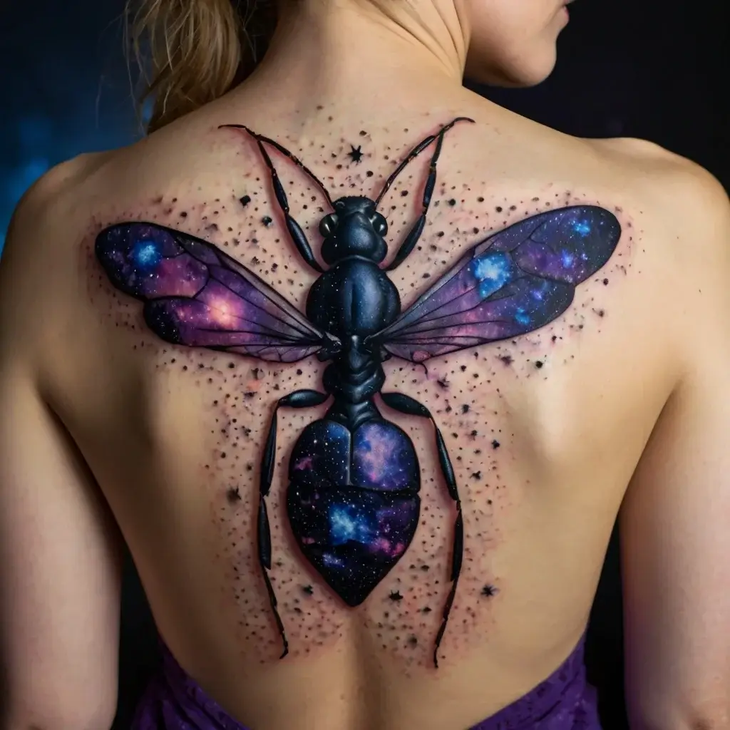 Intricate wasp tattoo with galaxy-themed wings and body, dotted with stars, covering the upper back.