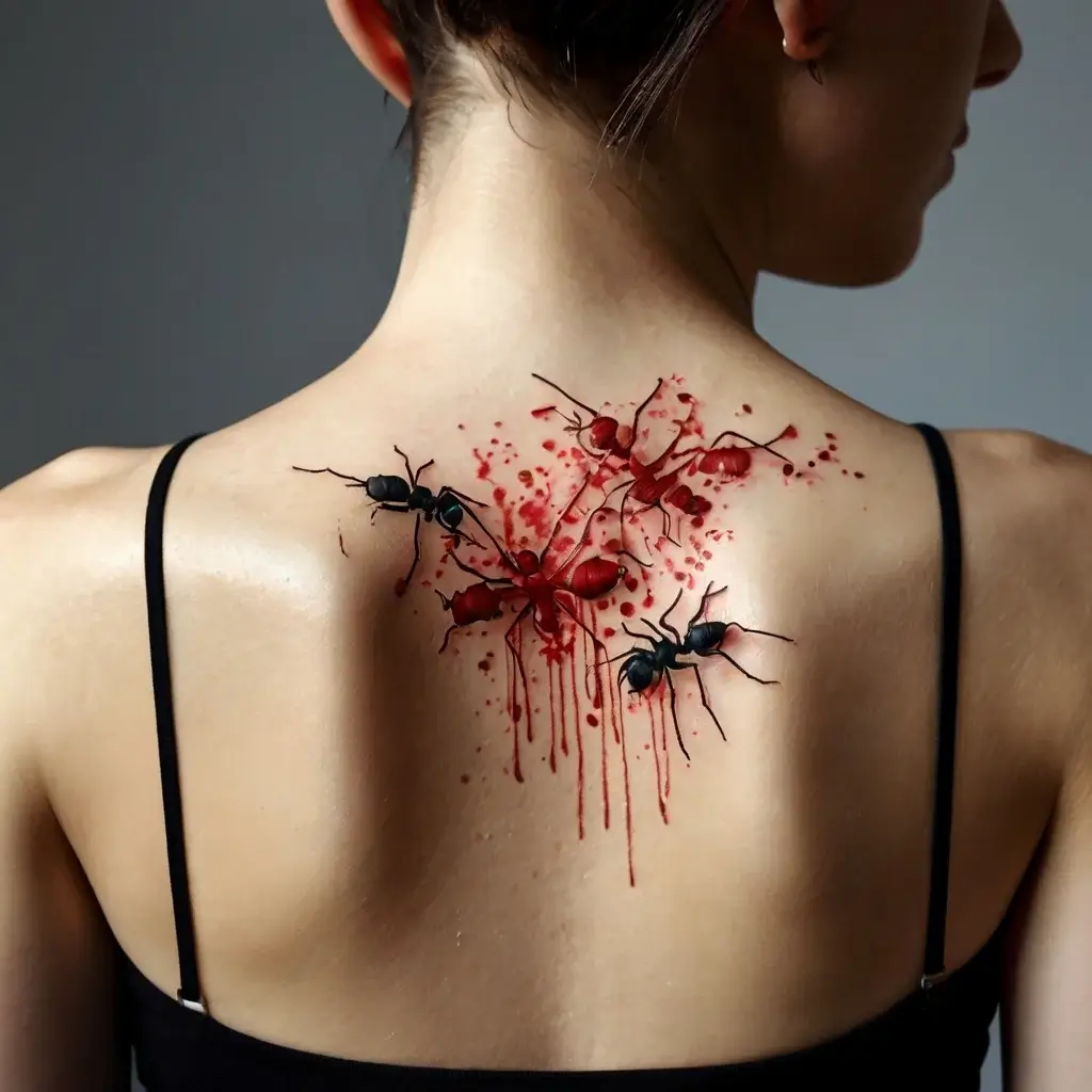 Realistic ants with a splash of red ink create a dynamic 3D effect on the upper back tattoo.