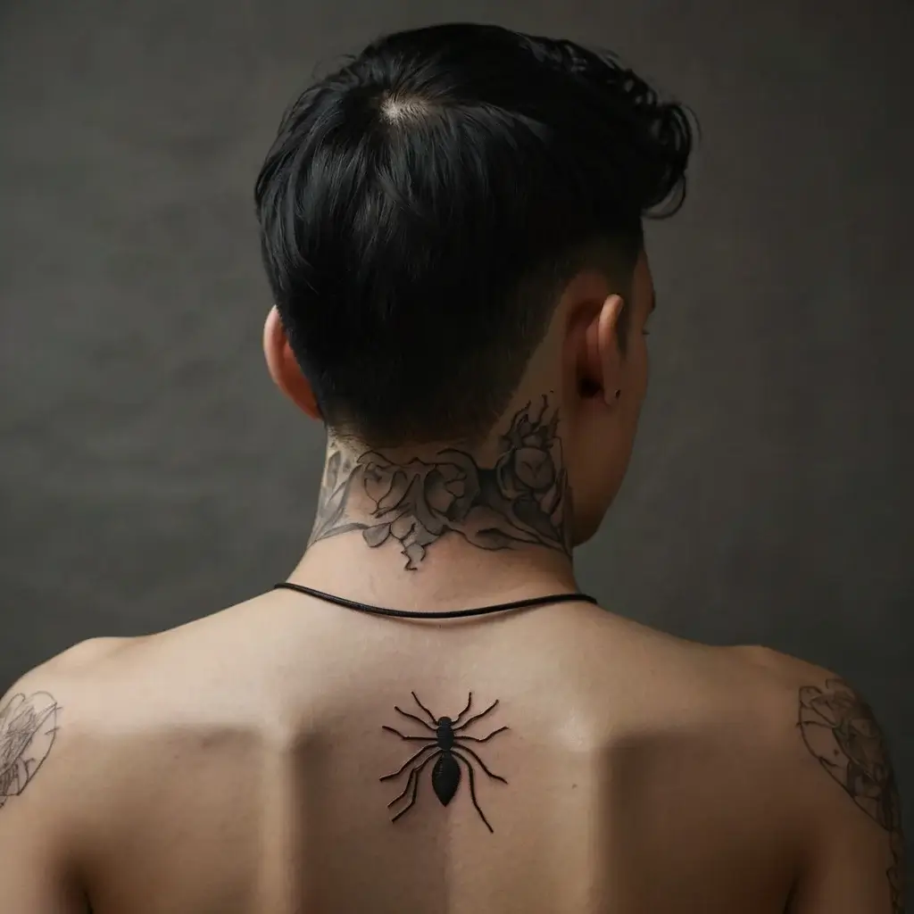 Black spider tattoo on upper back; detailed roses encircle the neck, adding depth and contrast to the design.