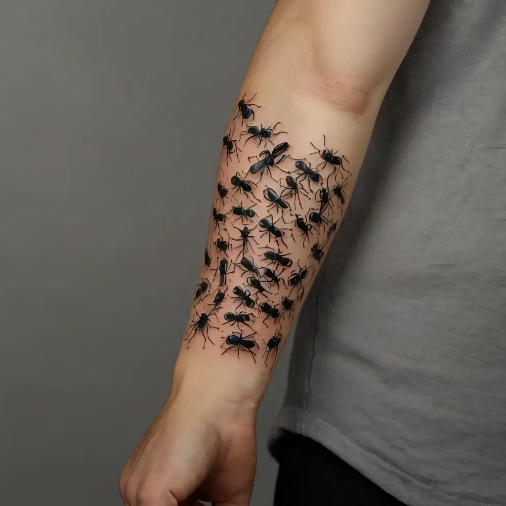 Tattoo of realistic black ants crawling on the forearm, creating a striking 3D illusion of movement and texture.