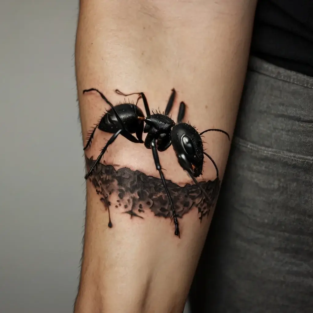 3D hyper-realistic ant tattoo with intricate shading and detail, creating a lifelike crawling effect on the skin.