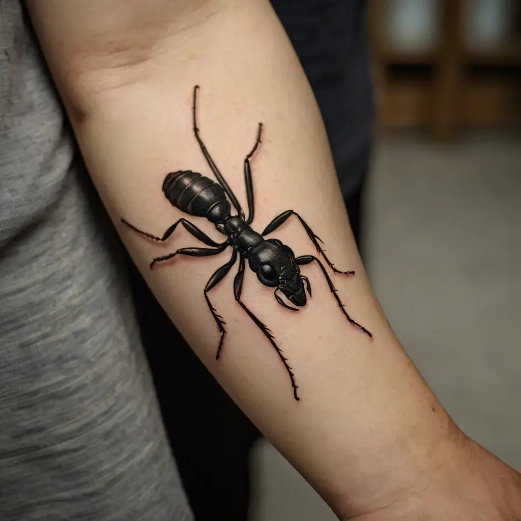 Realistic 3D black ant tattoo on forearm, showcasing intricate details and shading for lifelike effect.