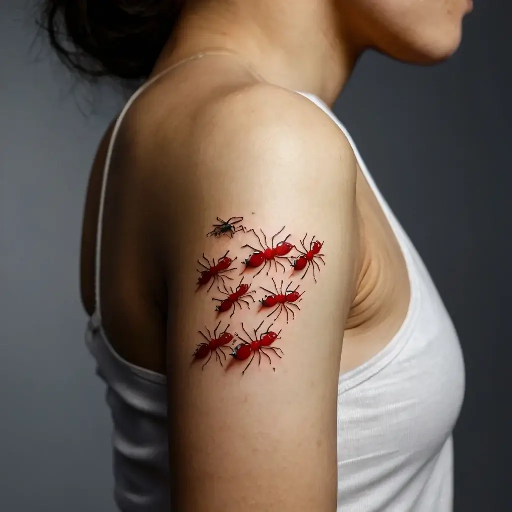 Realistic ant tattoo design on upper arm with vibrant red hues and intricate shadows, creating a 3D effect.