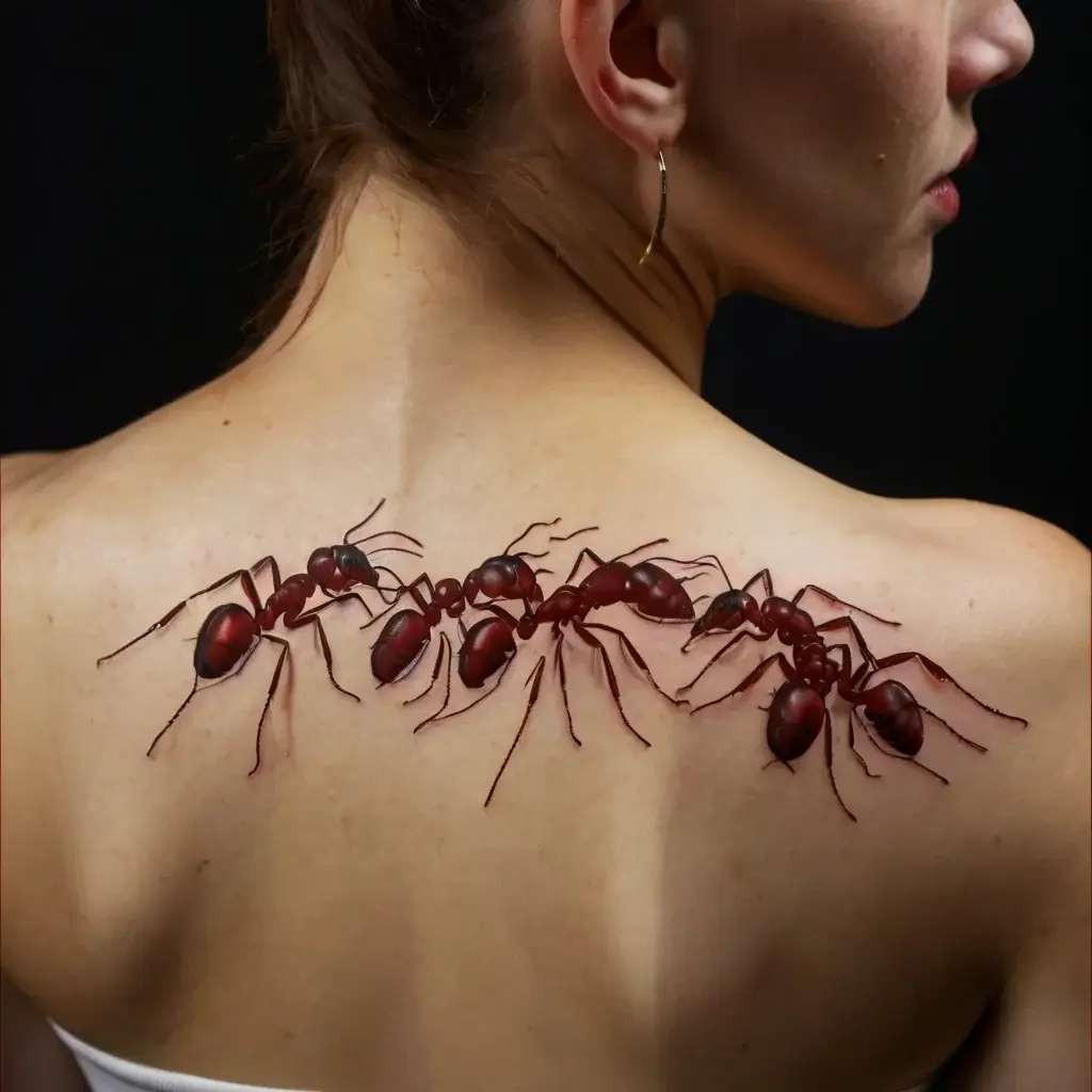 Realistic 3D ant tattoo design on the upper back, displaying a line of detailed, red ants marching across the skin.