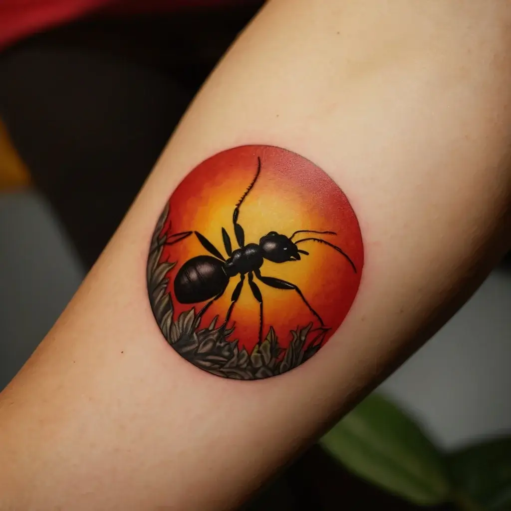 Tattoo of a black ant crawling on leaves, set against a vibrant red and yellow sunset background in a circular design.