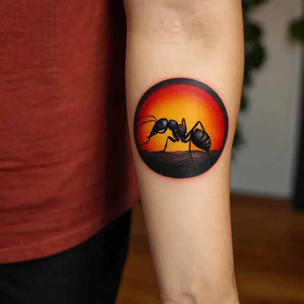 Tattoo of a realistic black ant against a vibrant orange-red sunset background within a circular frame on the forearm.