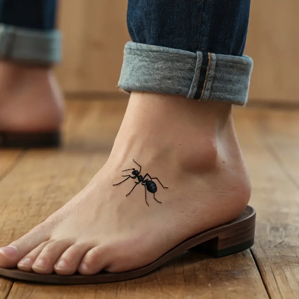 Realistic black ant tattoo on foot, detailed with fine lines and shading, symbolizing industriousness and teamwork.