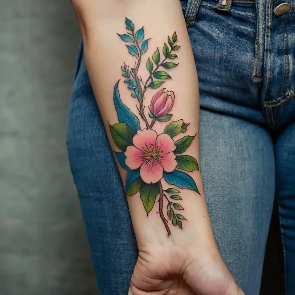 Tattoo of a vibrant pink flower and bud with green leaves, accented by blue, on the inner forearm.