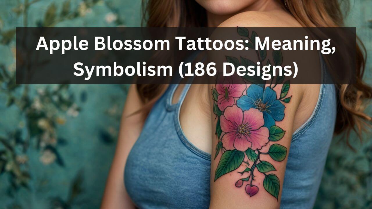 Colorful apple blossom tattoo with pink and blue flowers, green leaves, adorned on a woman's upper arm.