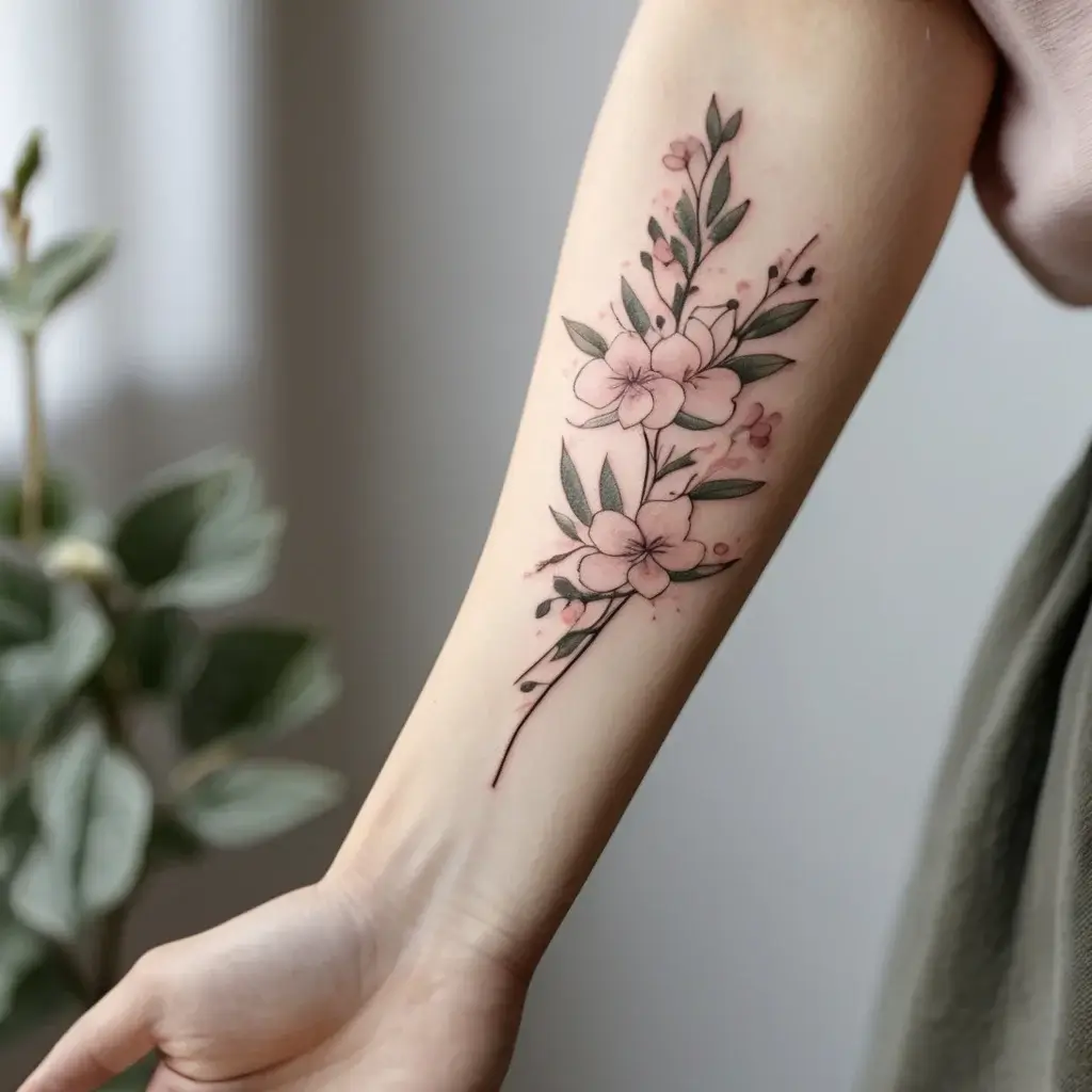 Floral tattoo with delicate pink blossoms and green leaves on the forearm, showcasing a natural, elegant design.