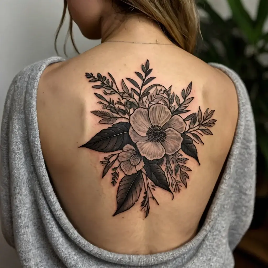 Black and grey floral tattoo featuring a large central bloom surrounded by detailed leaves and smaller flowers on the back.