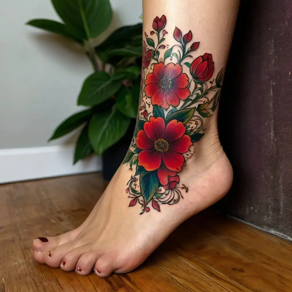 Vibrant floral ankle tattoo featuring bold red and green flowers with intricate swirling leaves and delicate petals.