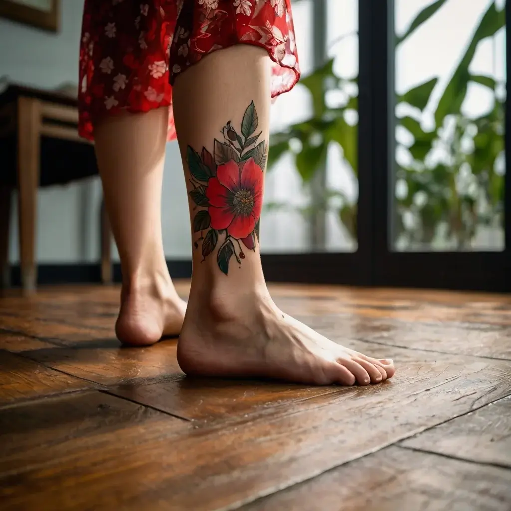 Vibrant red flower tattoo on calf with green leaves, detailed petals, and subtle shading for depth and realism.