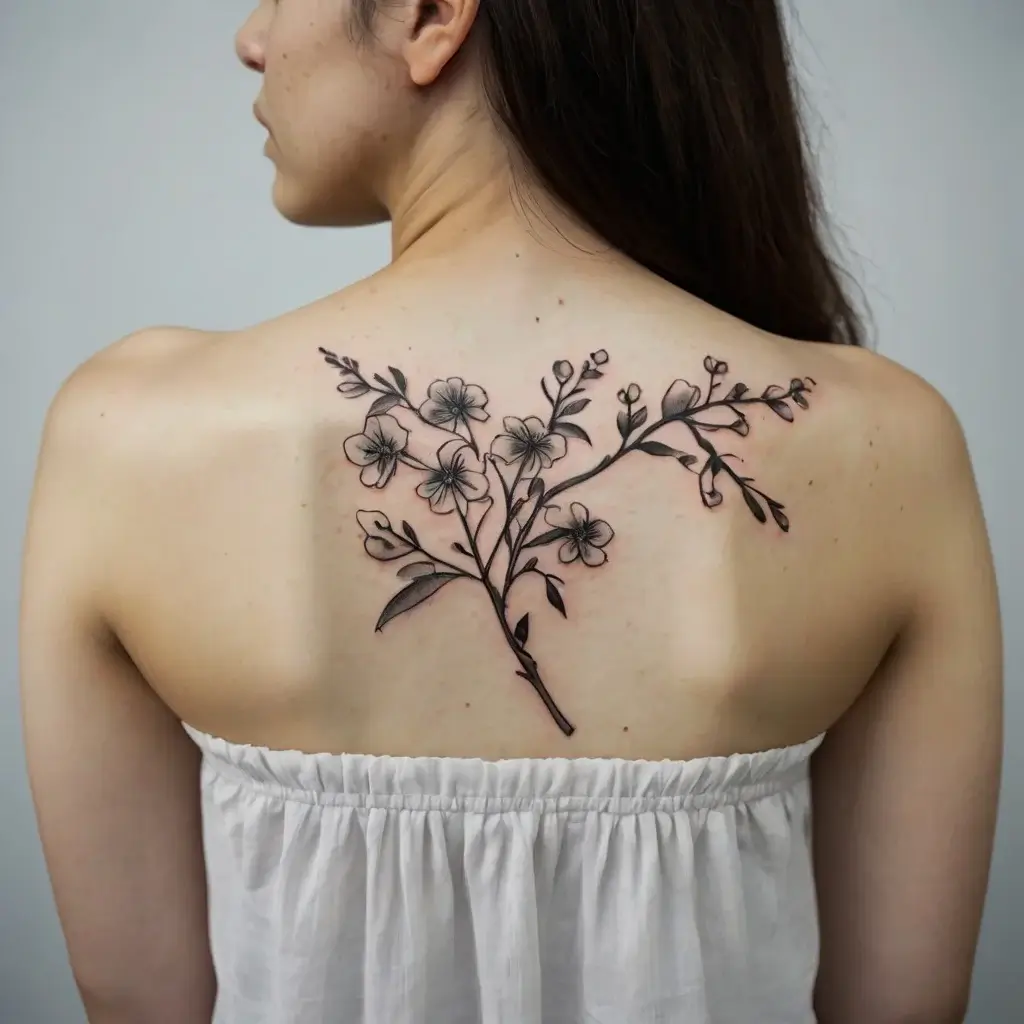 Delicate black and gray back tattoo of blooming cherry blossoms on a branch, symbolizing renewal and beauty.