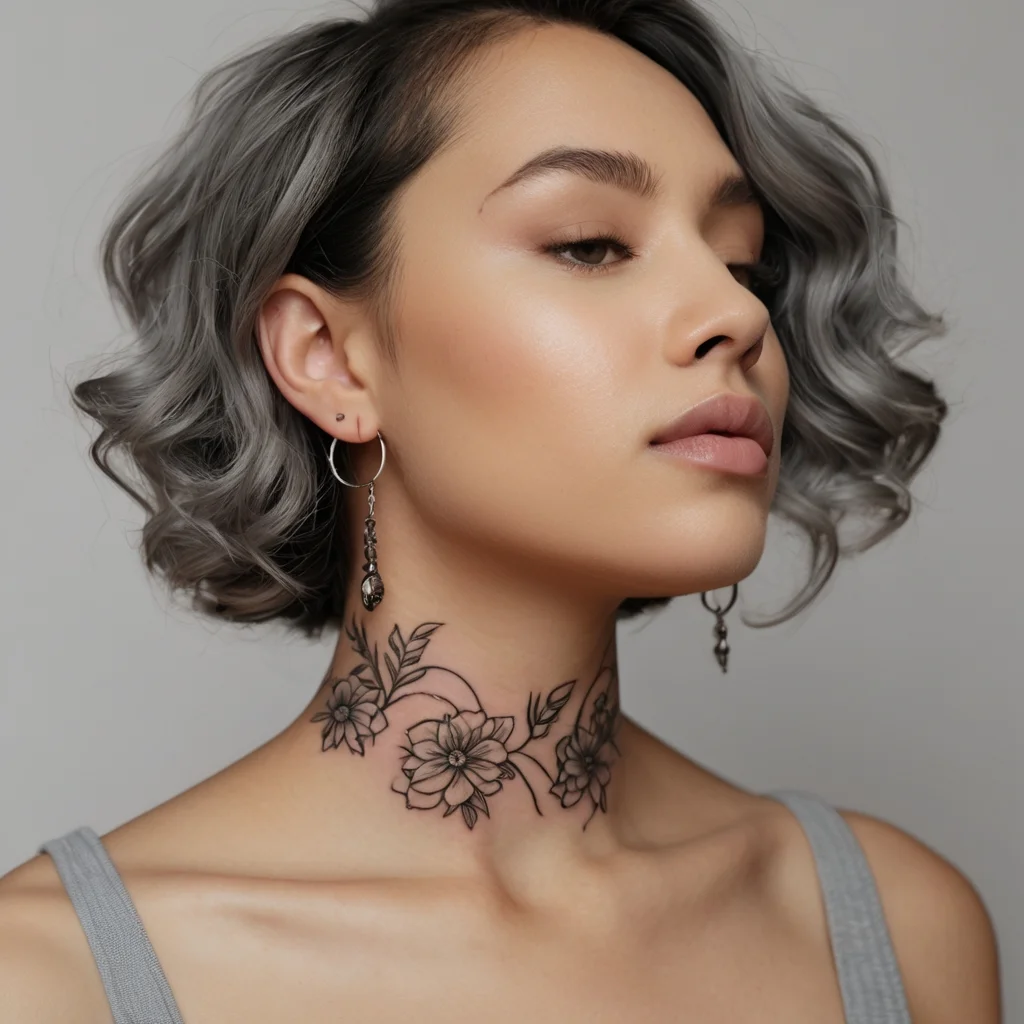 Neck tattoo of delicate black-ink floral design, featuring blooming flowers and intertwining leaves wrapping around.